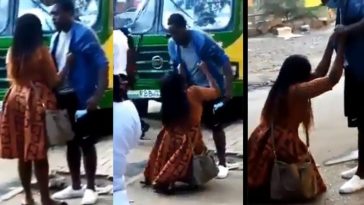 Lady goes on her knees and cries uncontrollably while begging her man after he reportedly dumped her (Video)