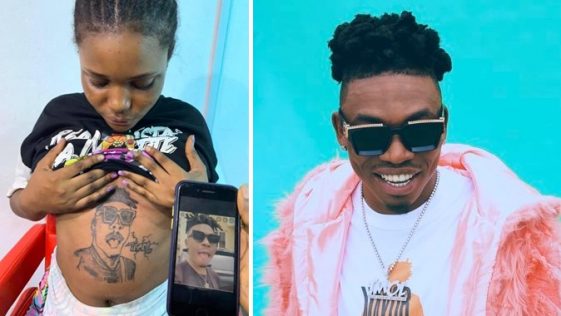 Pregnant lady tattoos Mayorkun’s face on her baby bump