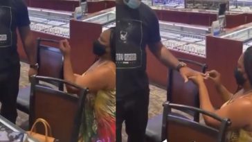 Lady kneels down and proposes to her man at jewelry store immediately after buying engagement ring (Video)