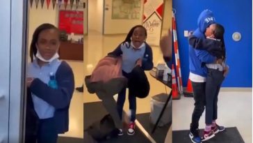 Man who was wrongly imprisoned when his daughter was a baby surprises her at school moments after regaining his freedom