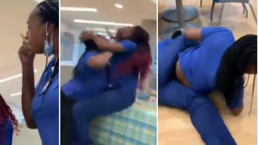 Drama ensues as two female nurses exchange heavy kicks and blows in hospital canteen [Watch]