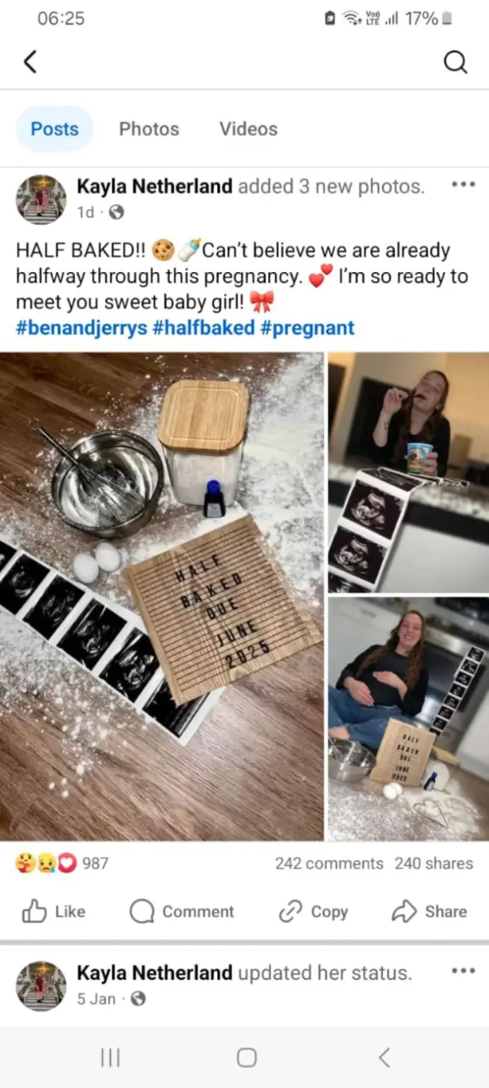 “Can’t believe we are already halfway through this pregnancy,” she had written on her Facebook page. “I’m so ready to meet you sweet baby girl!”